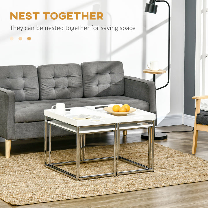 Coffee Table Set of 3, Modern Nest of Tables with Steel Frame and High Gloss Effect for Living Room, White