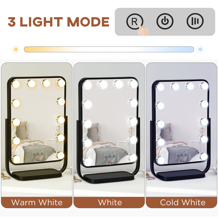 Hollywood Makeup Mirror with LED Lights, Tabletop Vanity Mirror with 12 Dimmable LED Bulbs, Memory Function and Metal Frame, Black