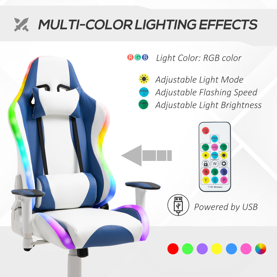 Vinsetto RGB LED Light Gaming Chair, PU Leather Thick Padding, White