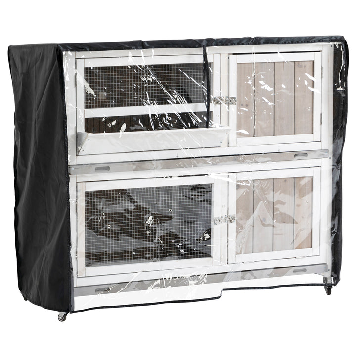 PawHut Wooden Rabbit Hutch Two-Tier Guinea Pig Cage Elevated Multi-Door Pet House Bunny Cage w/ Rain Cover, Wheels, Slide-Out Tray, Grey