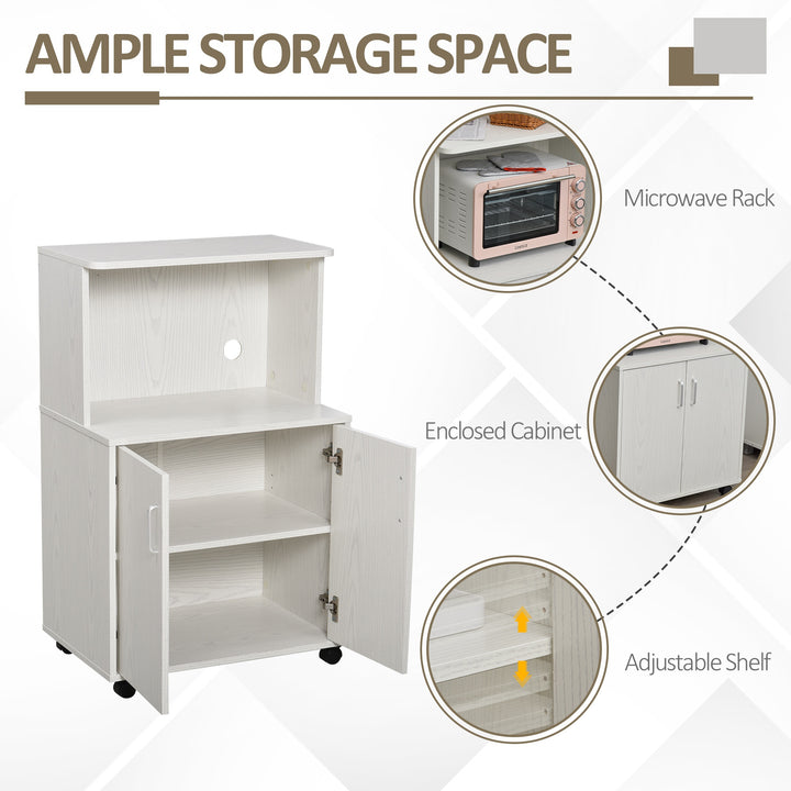 Microwave Cart on Wheels Utility Trolley Storage Sideboard Bookcase with 2-door Cabinet, 97H x 60.4W x 40.3Dcm, White