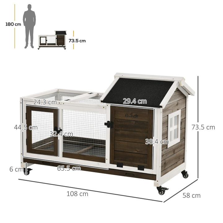 PawHut Wooden Rabbit Hutch with Wheels, Guinea Pig Cage, Small Animal House for Outdoor & Indoor with Slide-out Tray, 108 x 58 x 73.5cm, Coffee