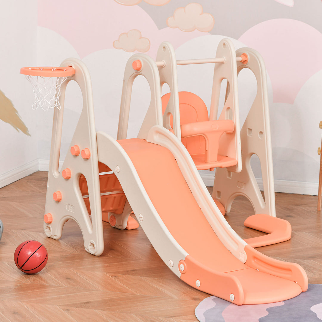 3 in 1 Design Kids Swing and Slide Set with Basketball Hoop Toddler Playground Play Set Fun Climber Set Activity Center Play Equipment Pink