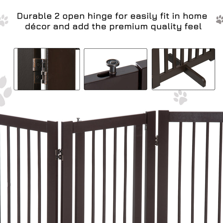 Pet Gate Freestanding Dog Gate For Stairs Wood Doorway Safety Pet Barrier Fence Foldable w/ Latch Support Feet Deep Brown, 155 x 76 cm