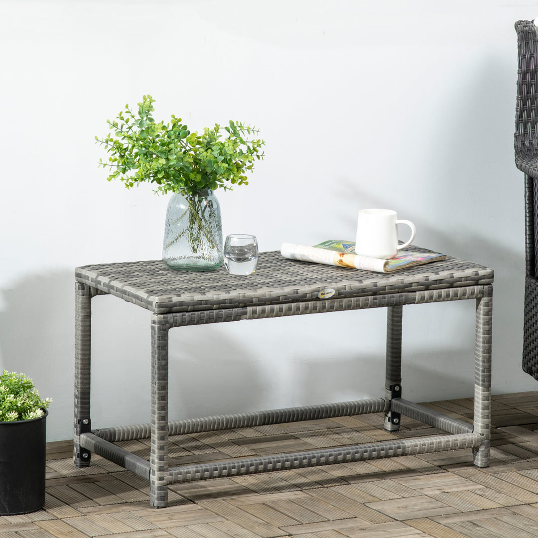 Outdoor Coffee Table, Garden PE Rattan Side Table with Plastic Board Under the Full Woven Table Top and X-Shape Support for Patio Mixed Grey