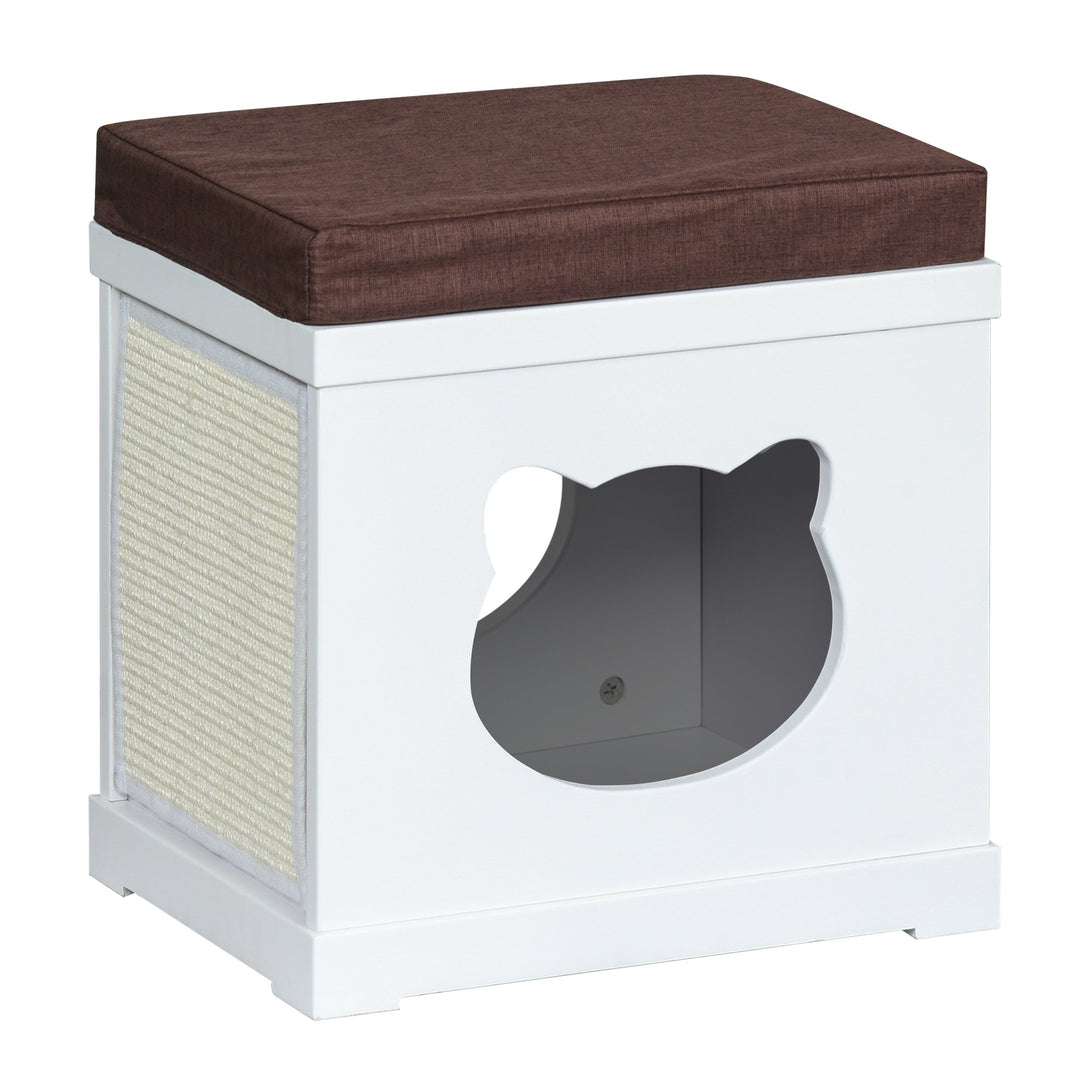 Wooden Cat House Bed Cat Scratching Cube for Small Cat Pet Furniture with Removable Scratching Pad and Soft Cushion White