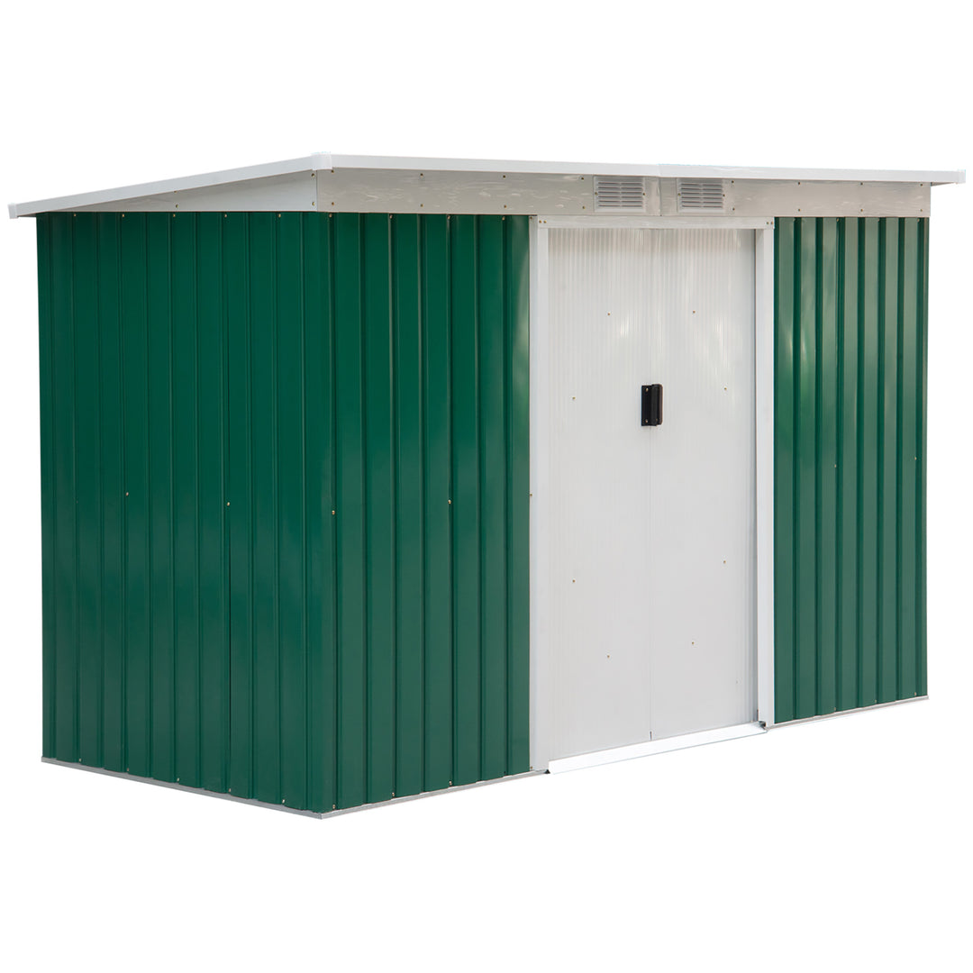 Outsunny 9ft x 4.25ft Corrugated Garden Metal Storage Shed Outdoor Equipment Tool Box with Foundation Ventilation & Doors Deep Green