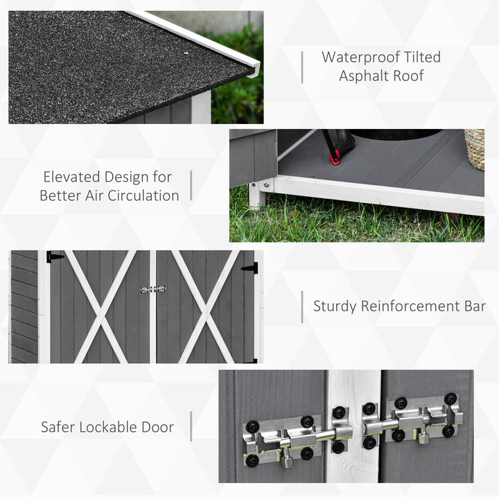 Outsunny Garden Wood Storage Shed w/ Storage Table, Hooks and Ground Nails Multifunction Lockable Sheds Tool Organizer, 139 x 75 x 160cm, Grey