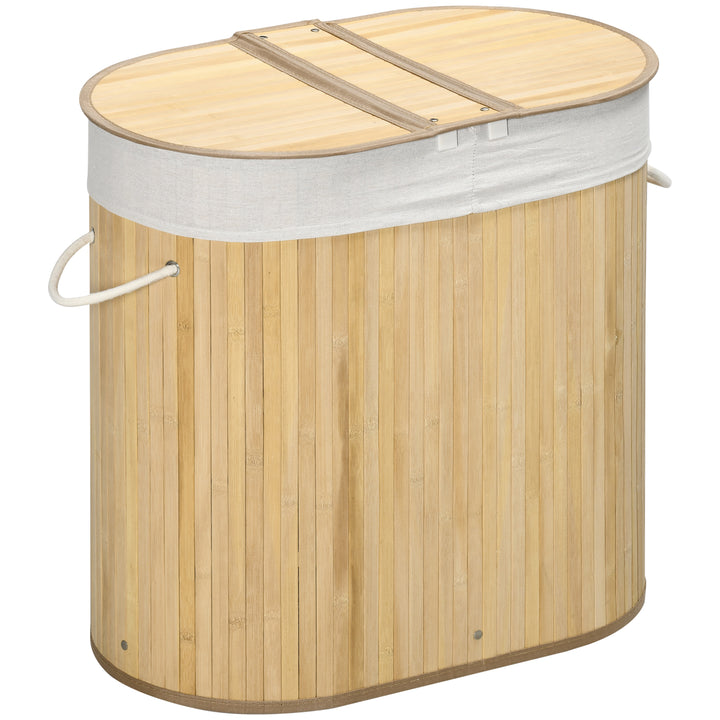 HOMCOM Bamboo Laundry Basket with Lid, 100 Litres Laundry Hamper with 2 Sections Removable Washable Lining Washing Baskets 62.5 x 37 x 60.5cm Natural