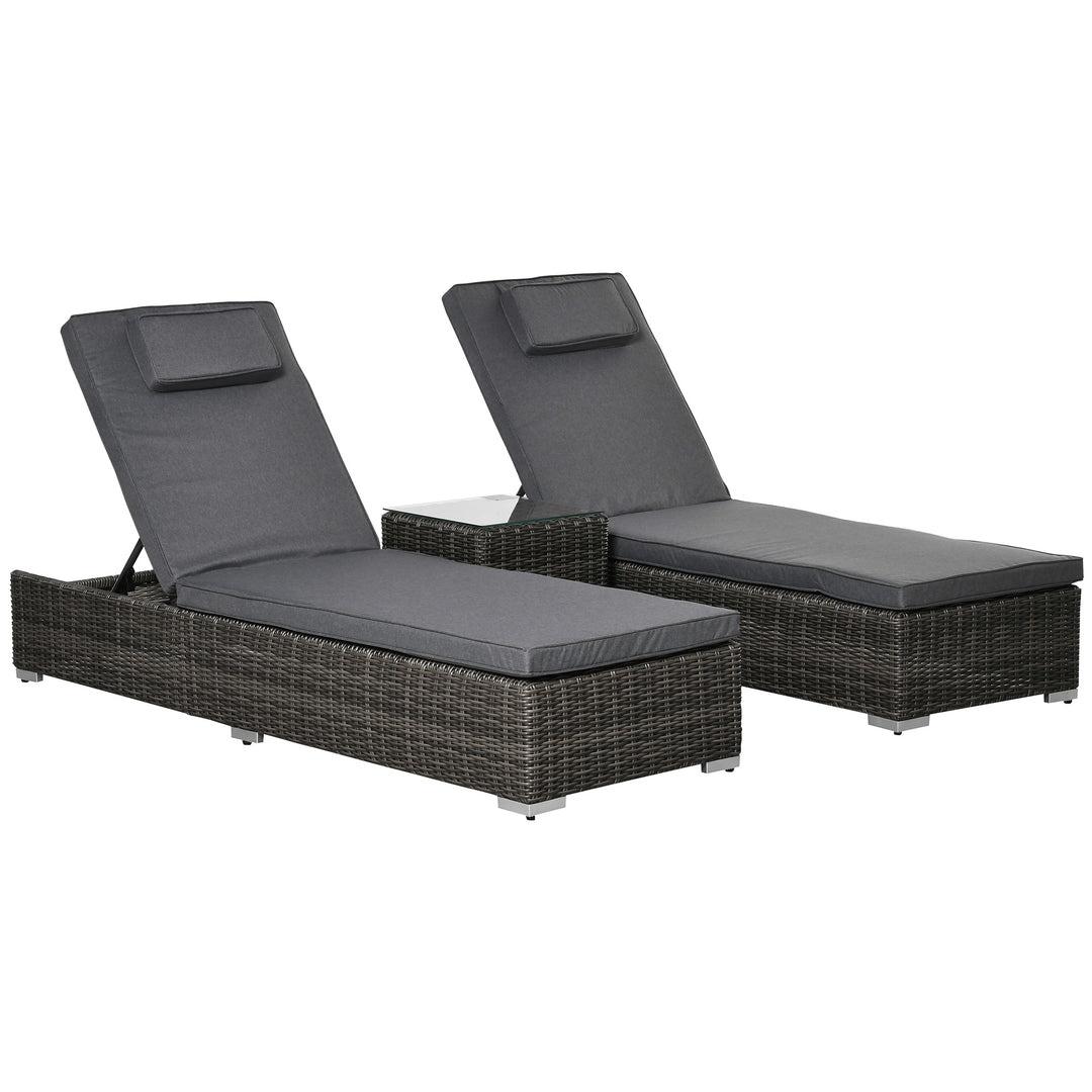 Outsunny 3 Pieces Patio PE Rattan Sun Lounger Set, Adjustable Outdoor Half-Round Wicker Aluminium Recliner Bed w/ Side Table Set, Headrest &amp; Cushions