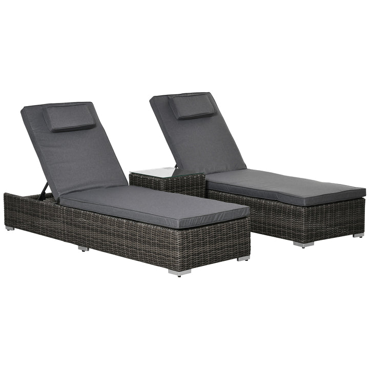 Outsunny 3 Pieces Patio PE Rattan Sun Lounger Set, Adjustable Outdoor Half-Round Wicker Aluminium Recliner Bed w/ Side Table Set, Headrest &amp; Cushions