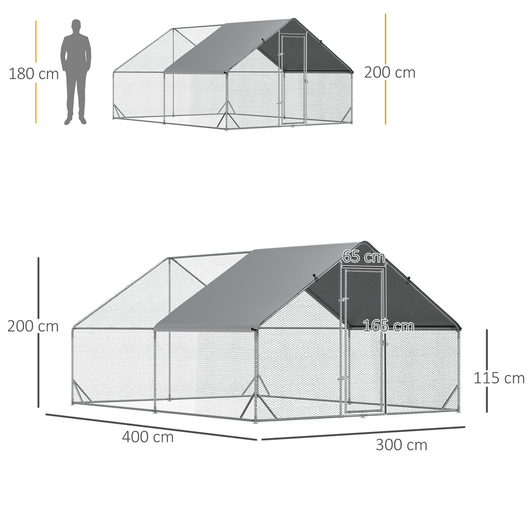 PawHut Walk In Chicken Run Galvanized Chicken Coop Hen Poultry House Rabbit Hutch Pet Playpen Backyard W/ Water-Resist Cover, 3 x 4 x 2m