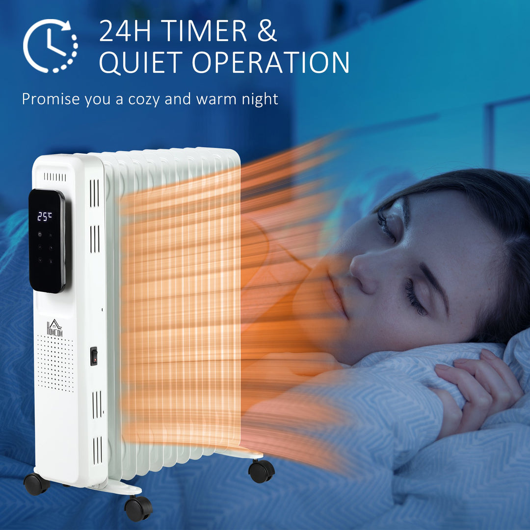 HOMCOM 2720W Oil Filled Radiator 11 Fin Portable Electric Heater w/ LED Display 24Hrs Timer Three Heat Settings Adjustable Thermostat-White