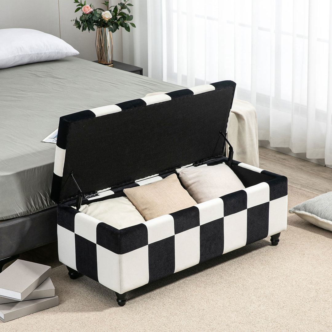 Velvet Storage Ottoman, Button-tufted Footstool Box, White & Black