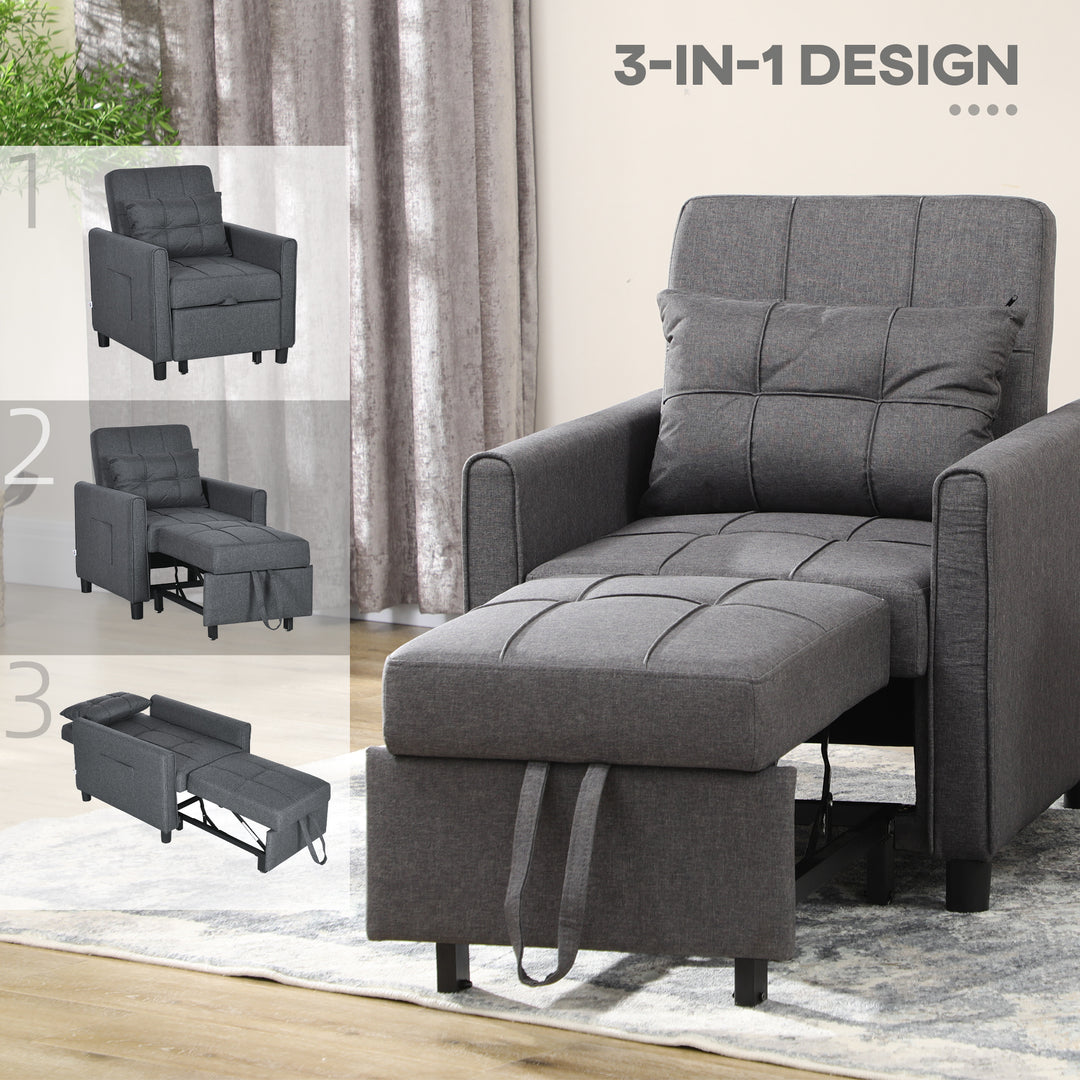 Folding Sofa Bed, Pull Out Single Sleeper, 3 in 1 Convertible Chair Bed with Adjustable Backrest, Pillow, Side Pocket for Home Office Grey