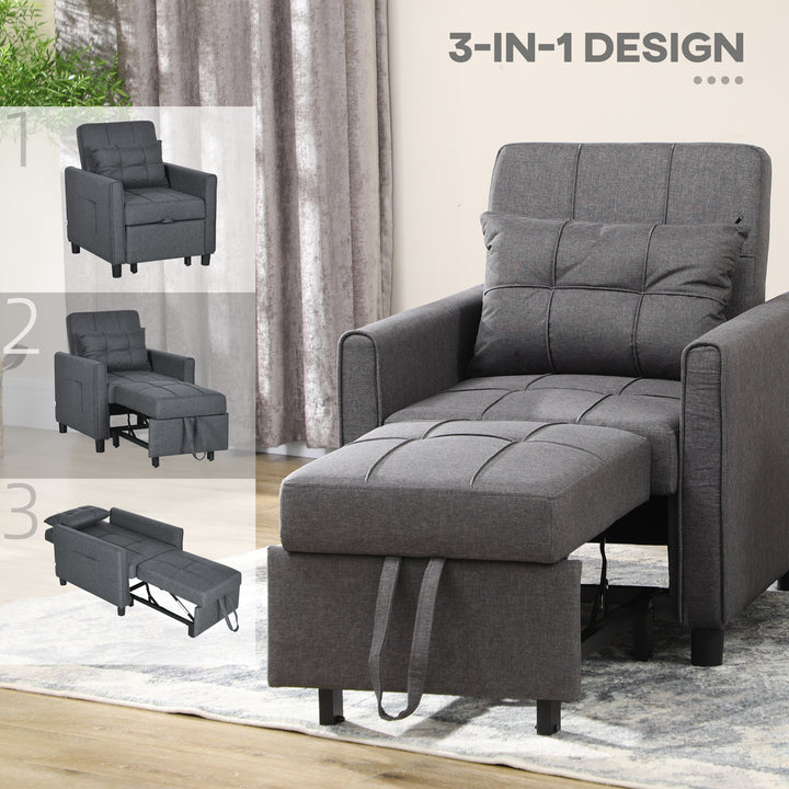Folding Sofa Bed, Pull Out Single Sleeper, 3 in 1 Convertible Chair Bed with Adjustable Backrest, Pillow, Side Pocket for Home Office Grey