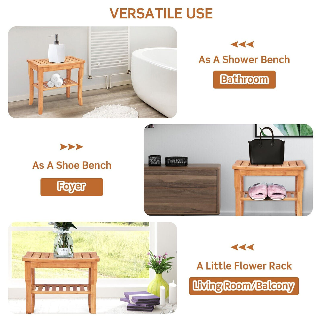 Bamboo Shower Bench with Storage Shelf and Non-Slip Feet