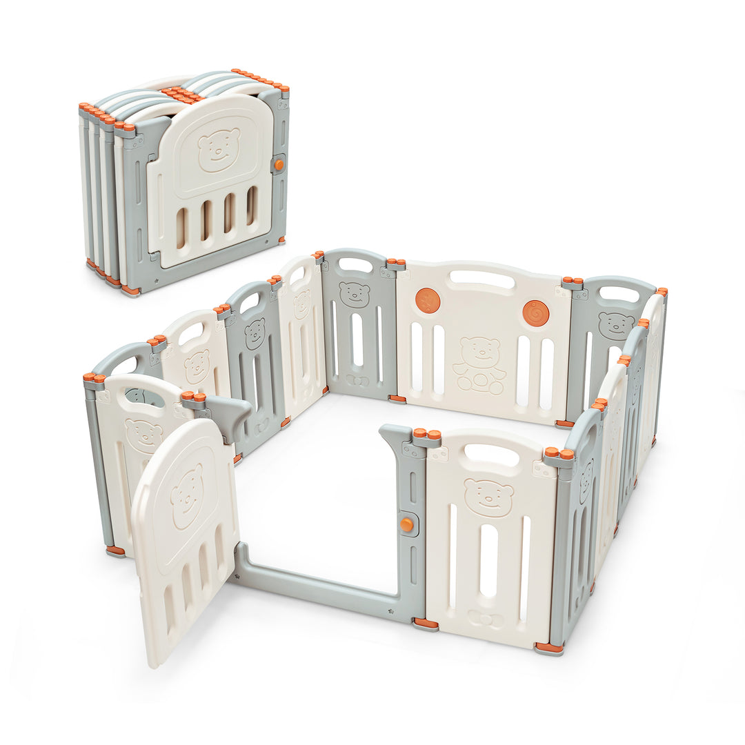 14-Panel Folding Baby Playpen with Lockable Gate and Non-Slip Bases-Beige