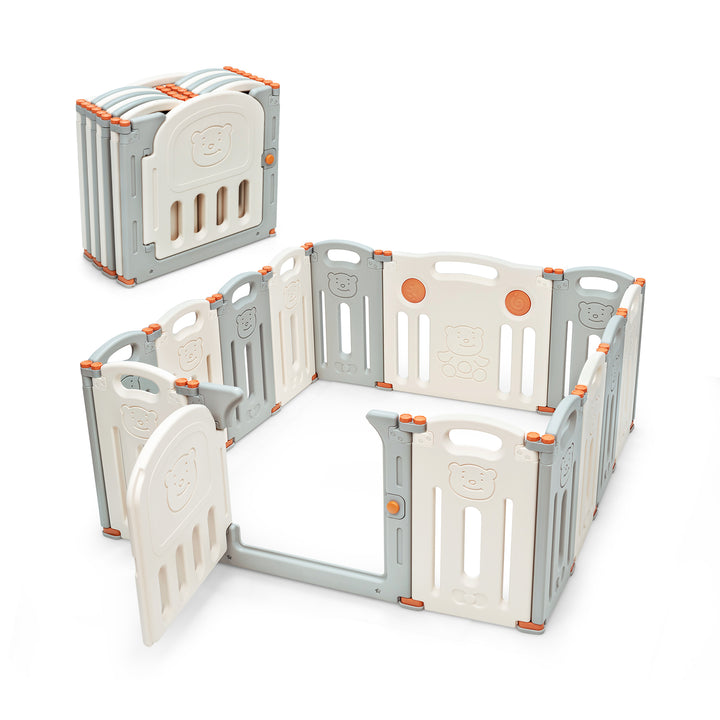 14-Panel Folding Baby Playpen with Lockable Gate and Non-Slip Bases-Beige