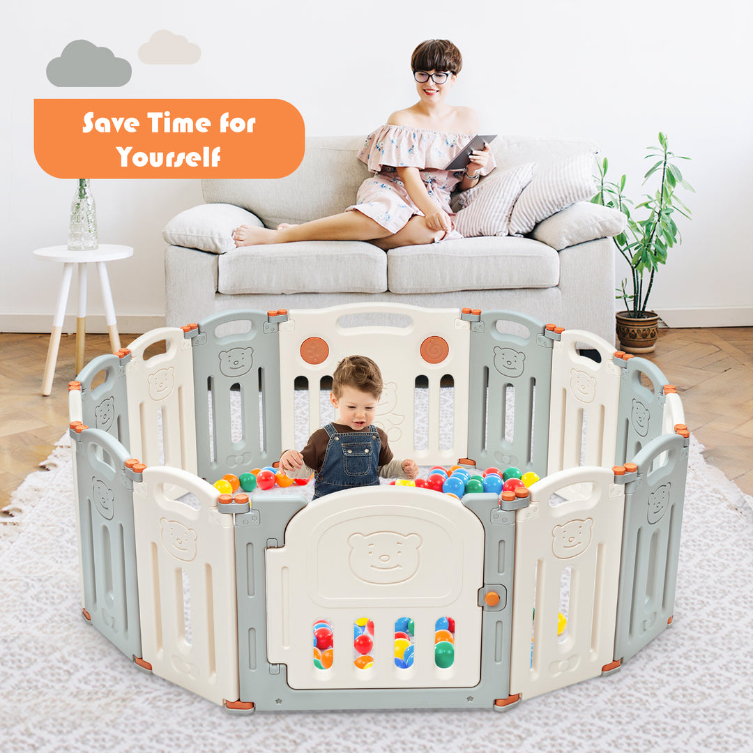 14-Panel Folding Baby Playpen with Lockable Gate and Non-Slip Bases-Beige