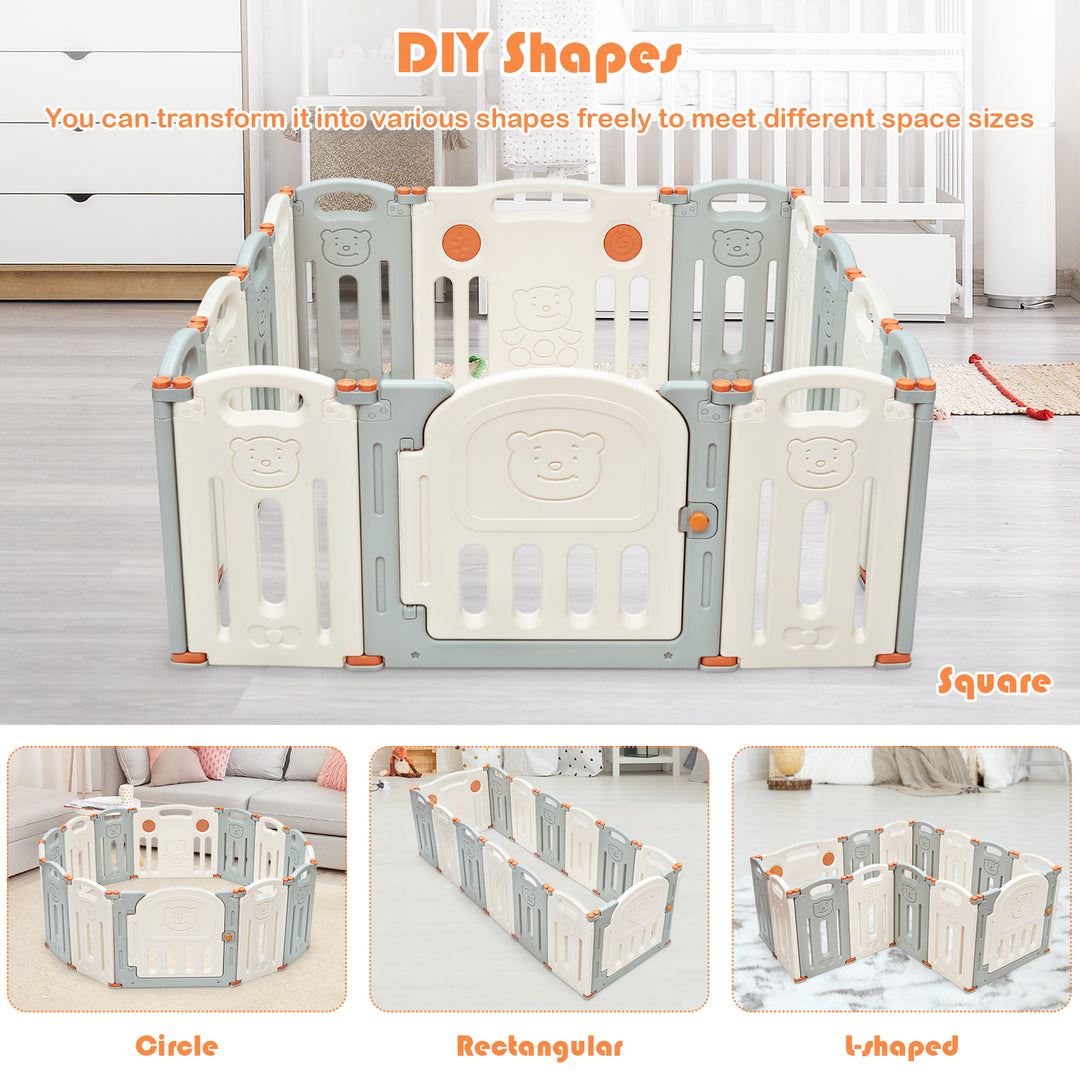 14-Panel Folding Baby Playpen with Lockable Gate and Non-Slip Bases-Beige