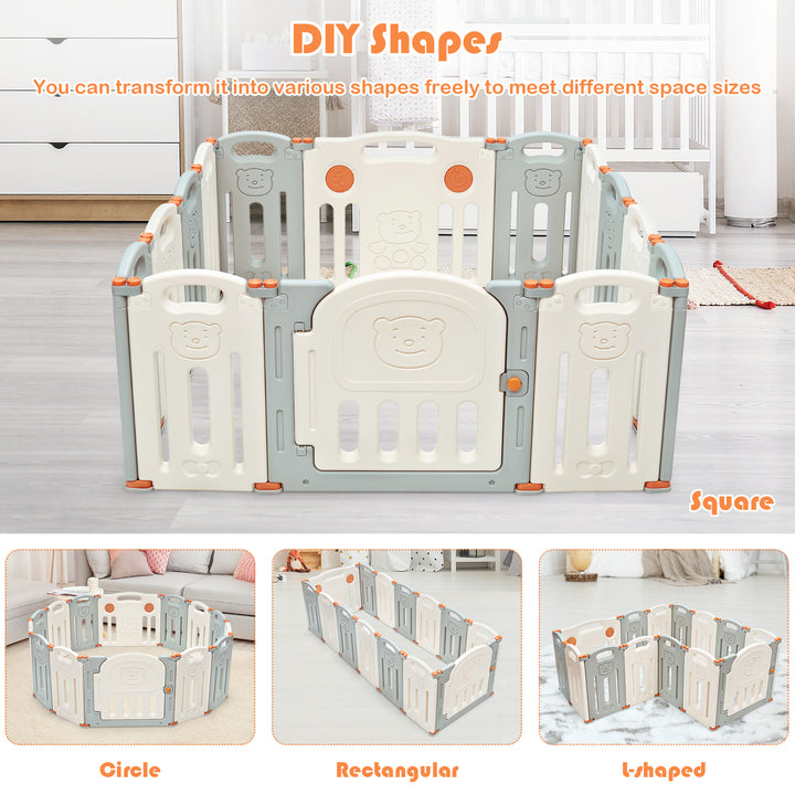 14-Panel Folding Baby Playpen with Lockable Gate and Non-Slip Bases-Beige