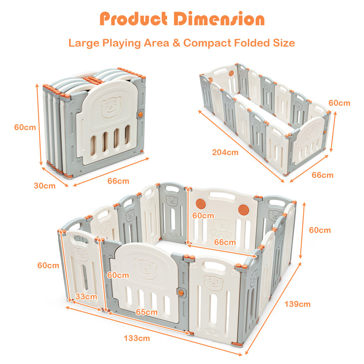 14-Panel Folding Baby Playpen with Lockable Gate and Non-Slip Bases-Beige