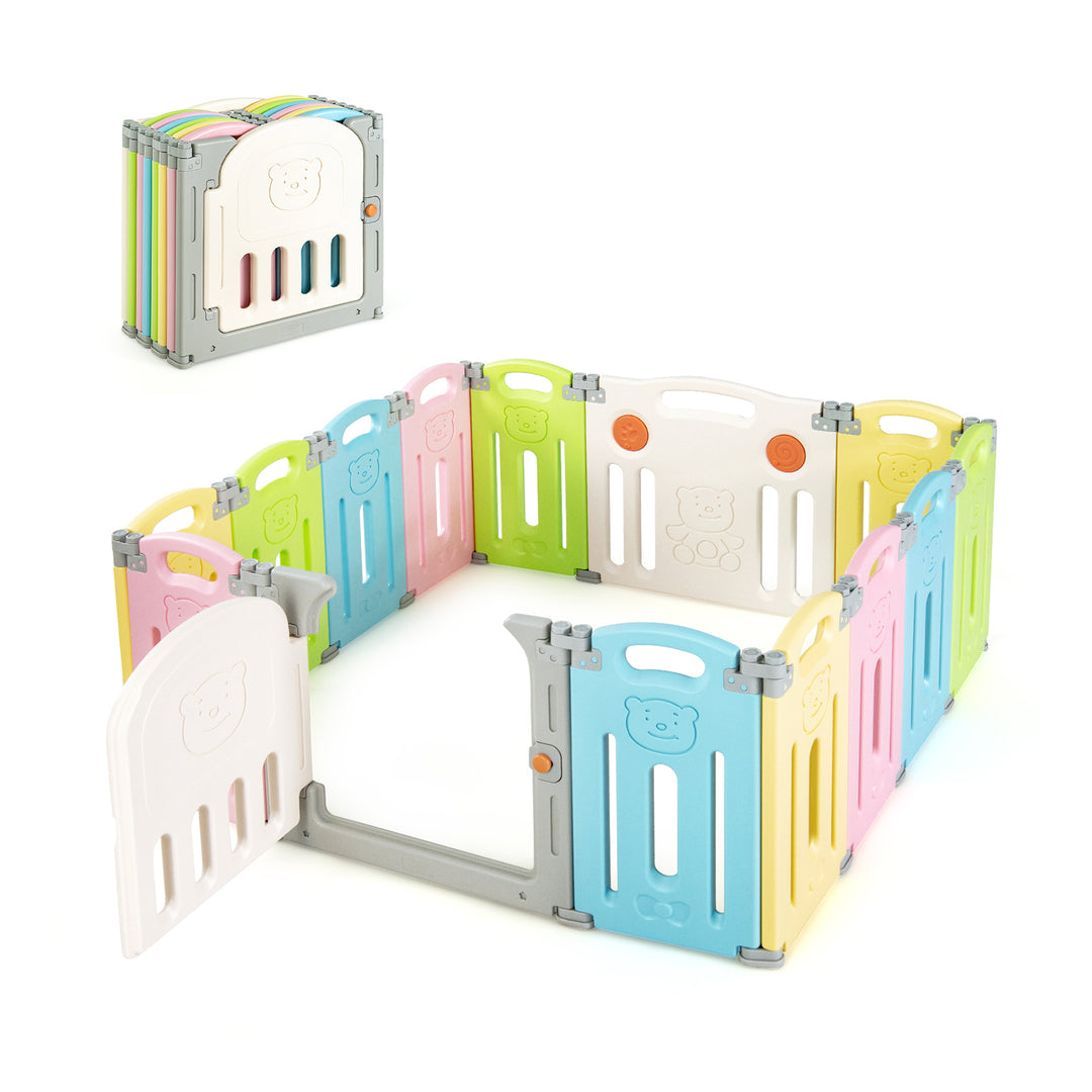 14-Panel Folding Baby Playpen with Lockable Gate and Non-Slip Bases-Colourful
