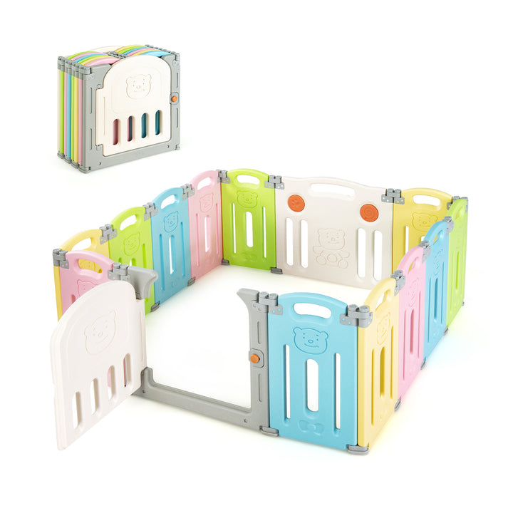 14-Panel Folding Baby Playpen with Lockable Gate and Non-Slip Bases-Colourful