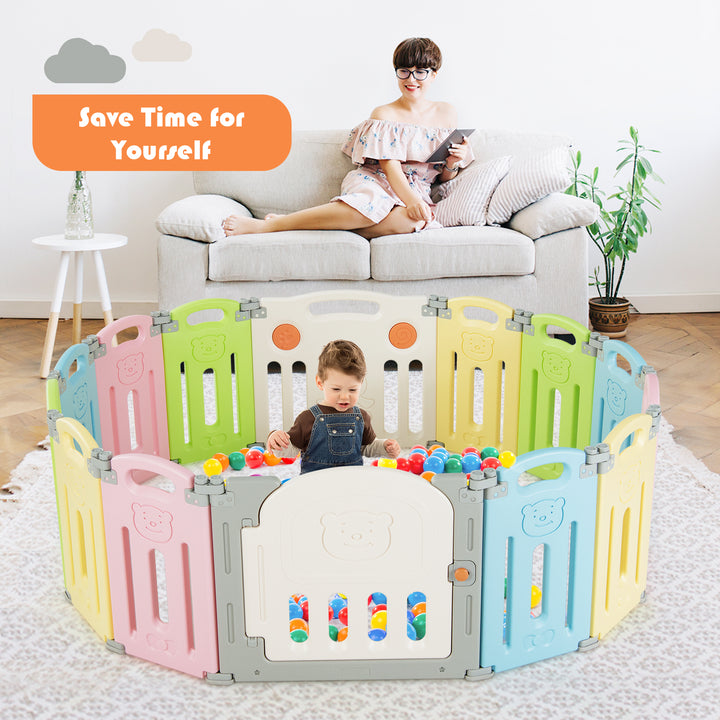 14-Panel Folding Baby Playpen with Lockable Gate and Non-Slip Bases-Colourful
