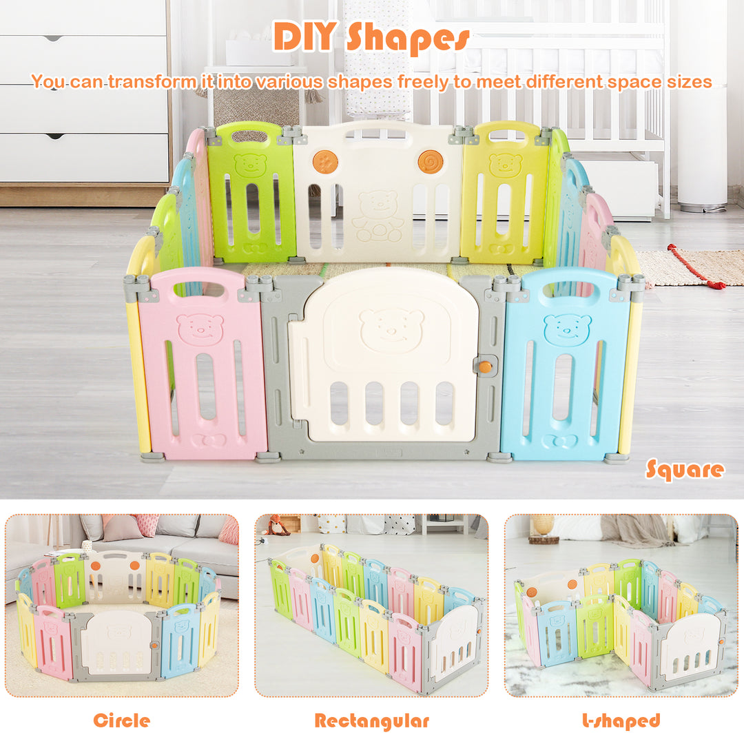14-Panel Folding Baby Playpen with Lockable Gate and Non-Slip Bases-Colourful
