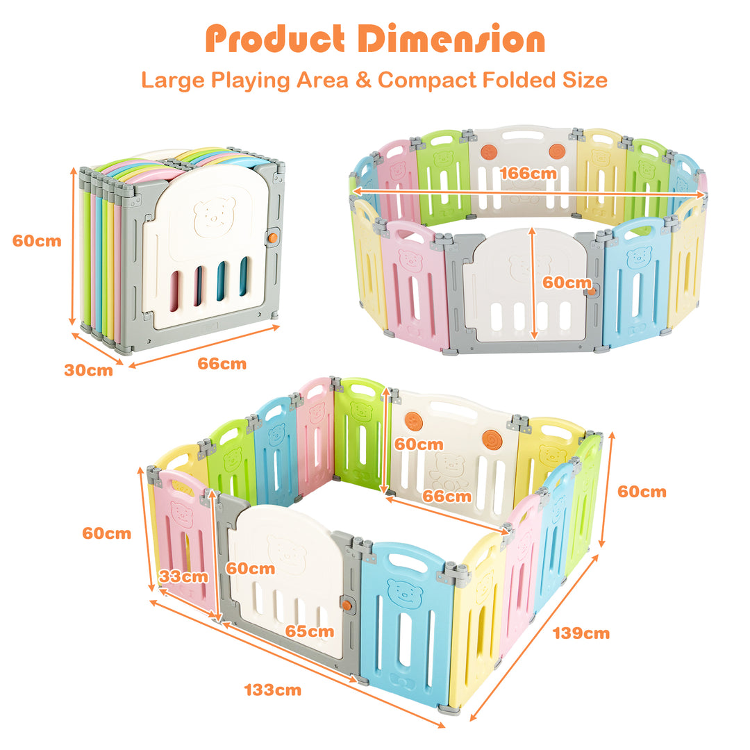 14-Panel Folding Baby Playpen with Lockable Gate and Non-Slip Bases-Colourful