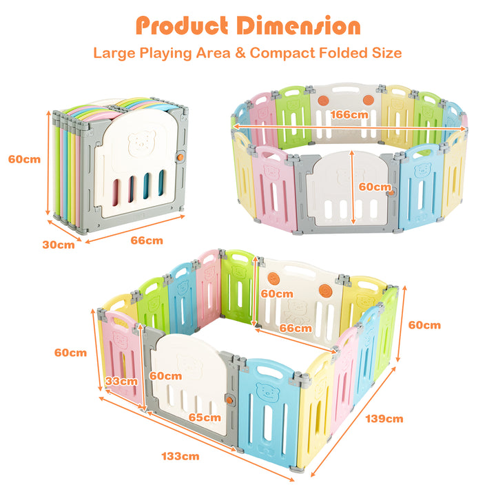 14-Panel Folding Baby Playpen with Lockable Gate and Non-Slip Bases-Colourful