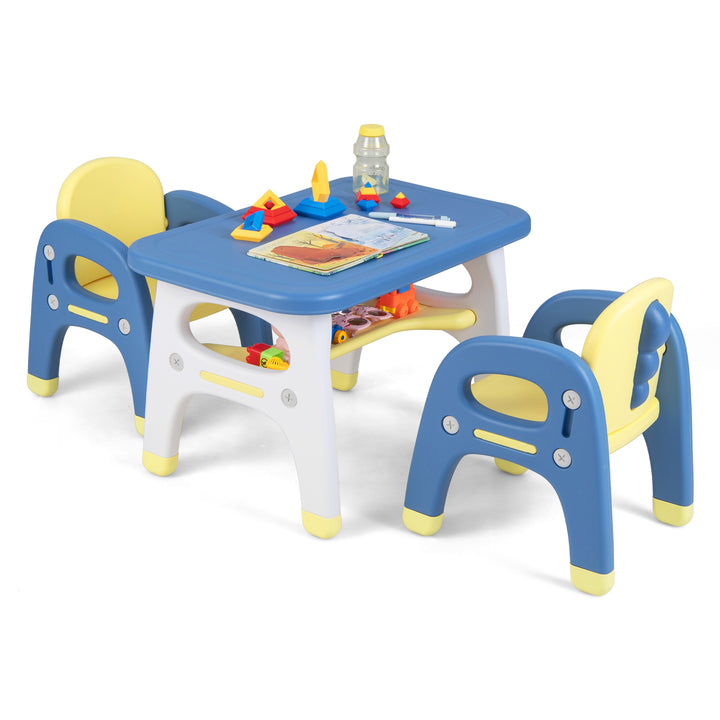 Kids Table and 2 Chairs Set with Storage Shelf and Building Blocks-Blue