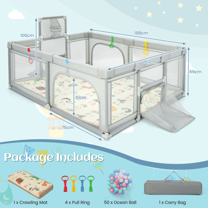 Large Baby Playpen with Mat and Ocean balls-Light Grey