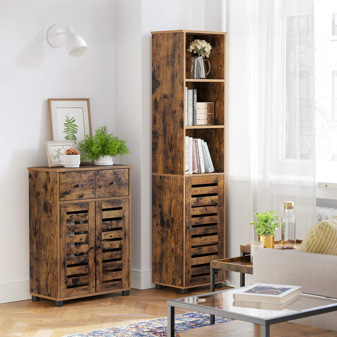 Bathroom Tall Cabinet with 3 Open Compartments and 2 Adjustable Shelves Behind the Door