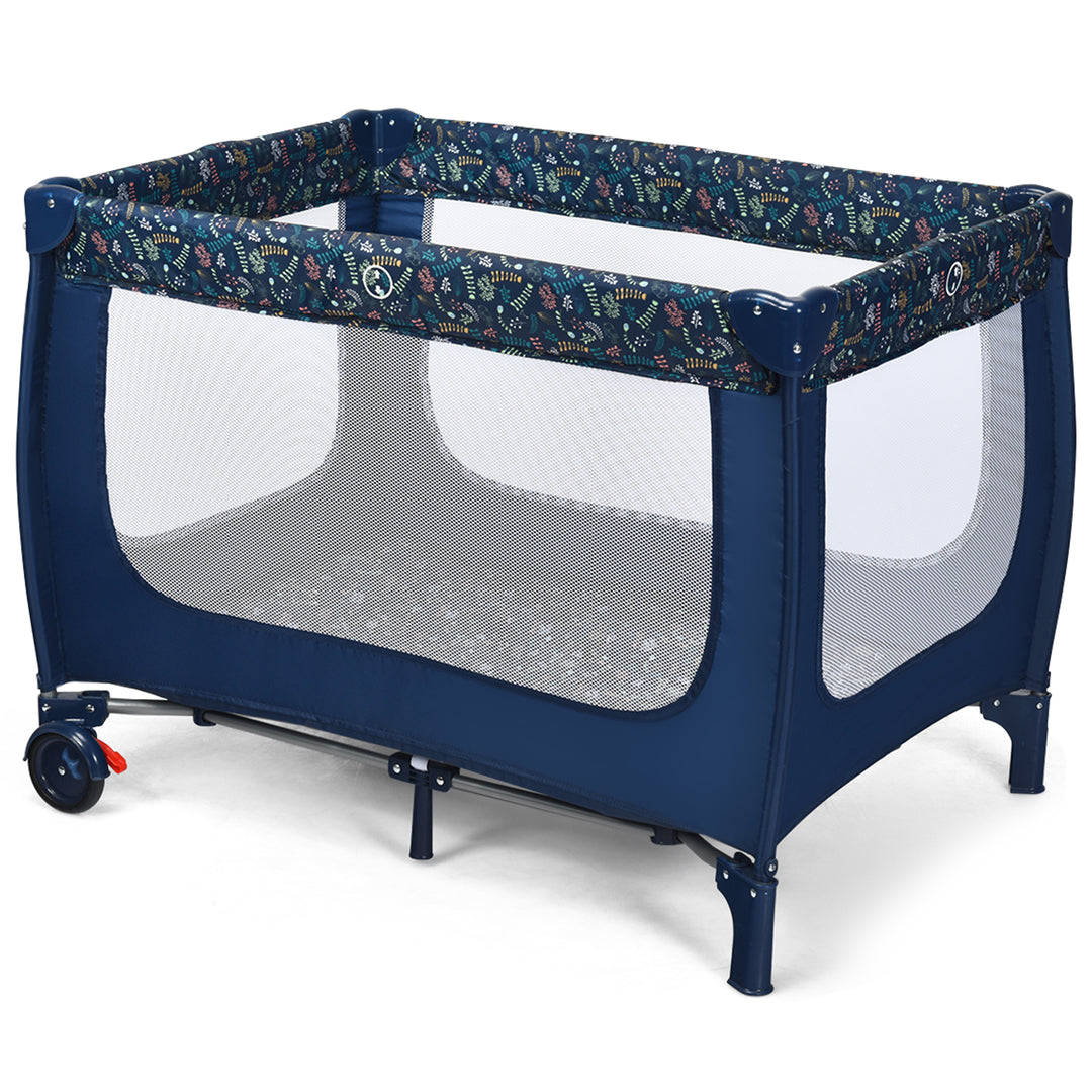 Foldable Baby Playpen with Lockable Wheels and Mattress-Blue