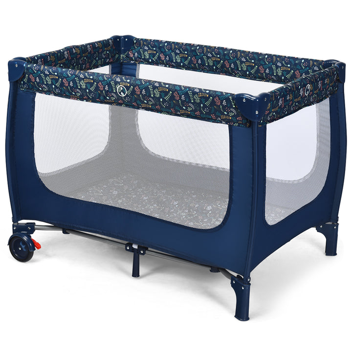Foldable Baby Playpen with Lockable Wheels and Mattress-Blue