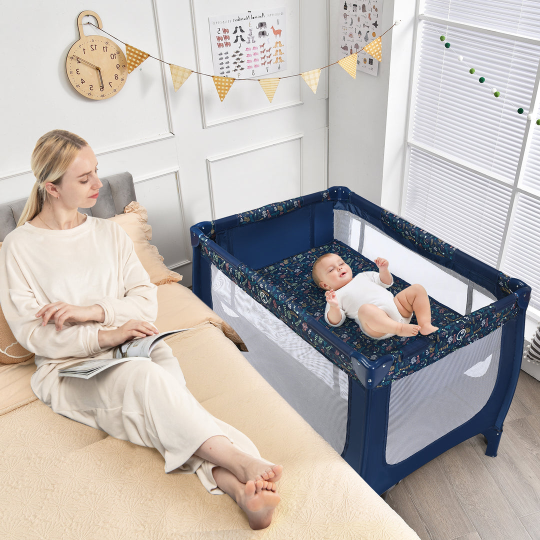 Foldable Baby Playpen with Lockable Wheels and Mattress-Blue