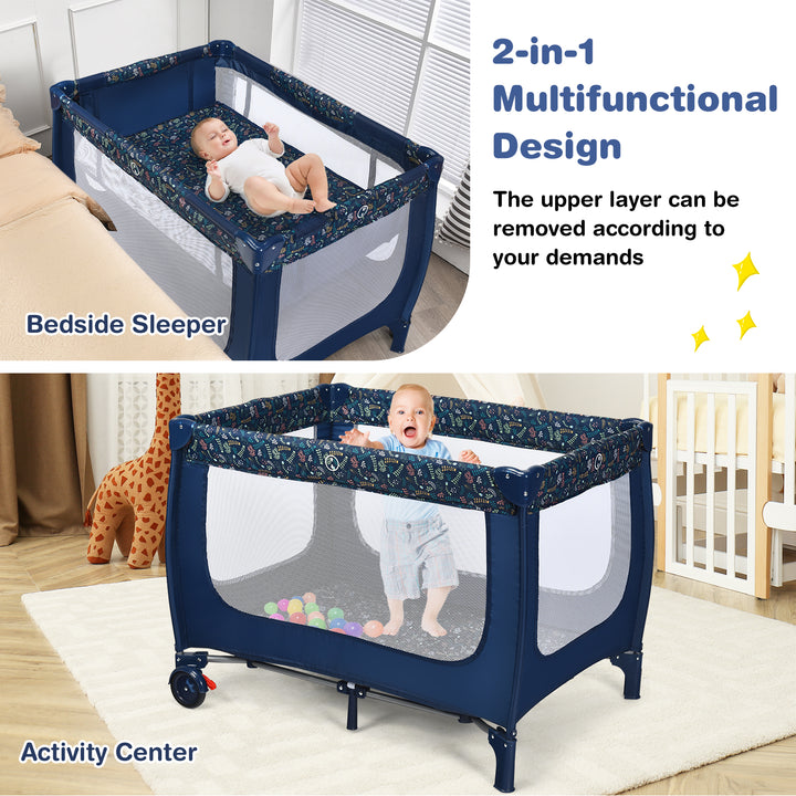 Foldable Baby Playpen with Lockable Wheels and Mattress-Blue