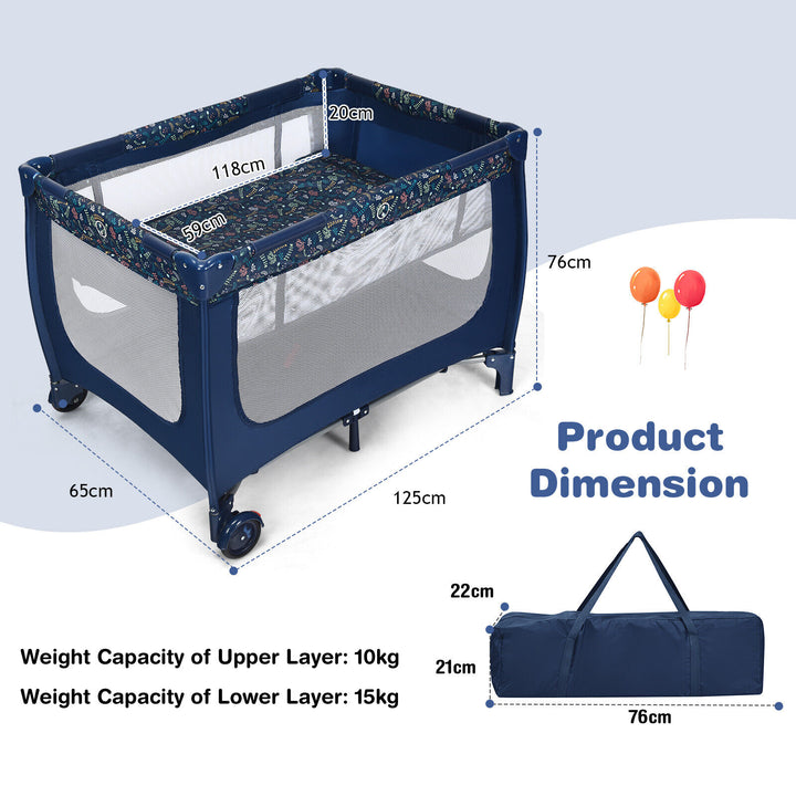 Foldable Baby Playpen with Lockable Wheels and Mattress-Blue