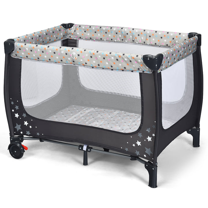 Foldable Baby Playpen with Lockable Wheels and Mattress-Grey