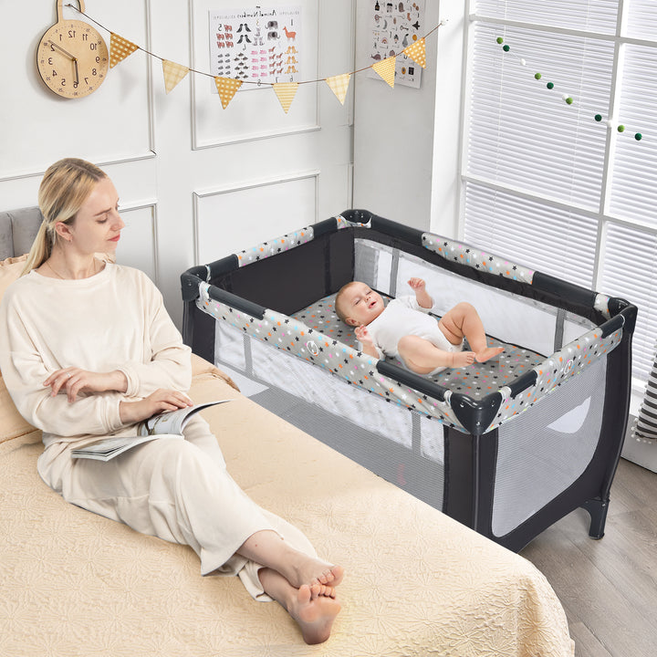 Foldable Baby Playpen with Lockable Wheels and Mattress-Grey