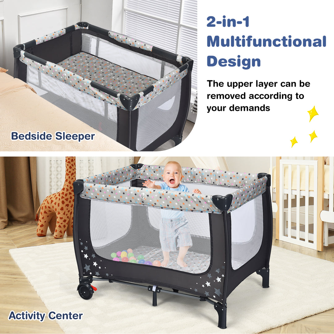 Foldable Baby Playpen with Lockable Wheels and Mattress-Grey
