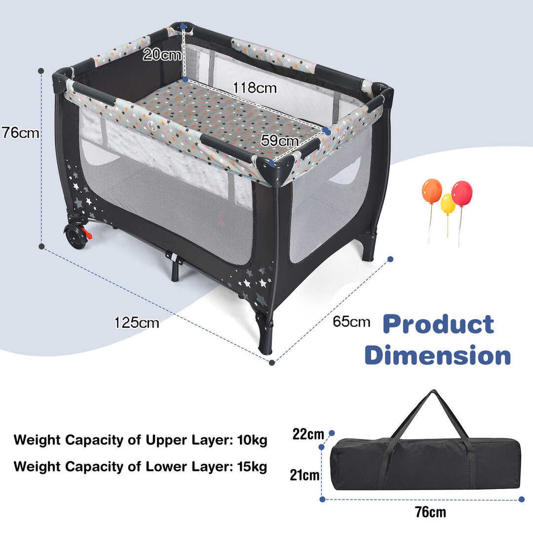 Foldable Baby Playpen with Lockable Wheels and Mattress-Grey