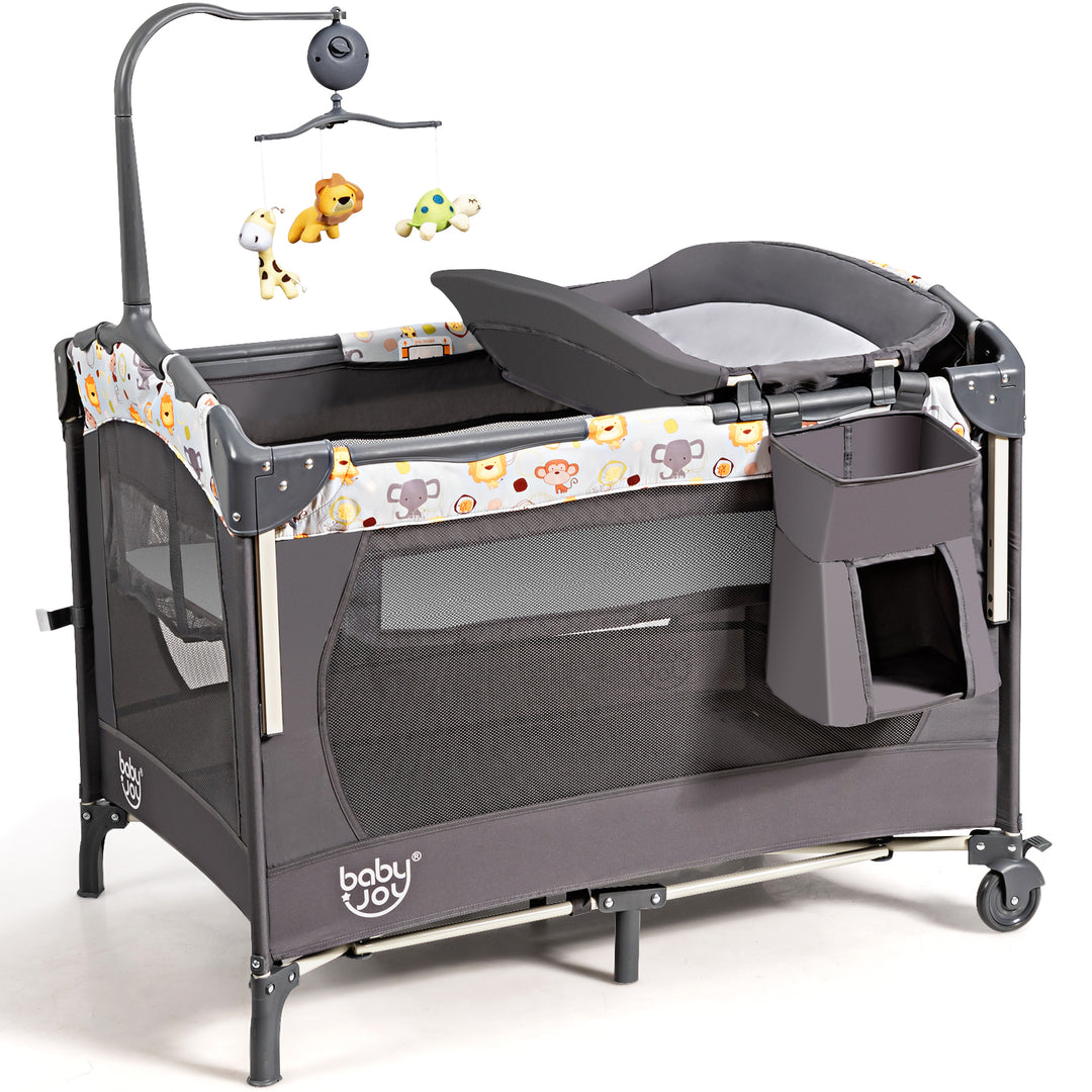 3-in-1 Foldable Baby Travel Cot with Changing Tab and Mattress-Grey