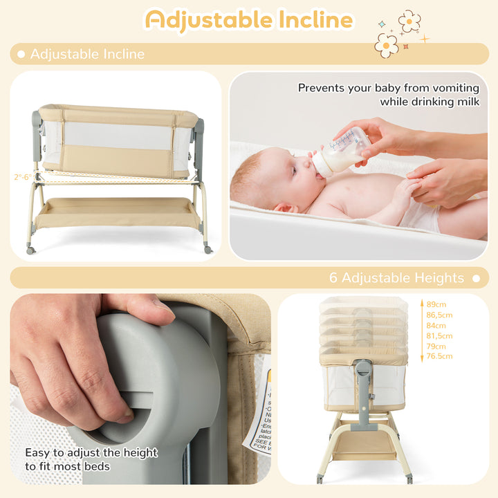 Baby Bassinet with Net with 6 Adjustable Heights-Beige