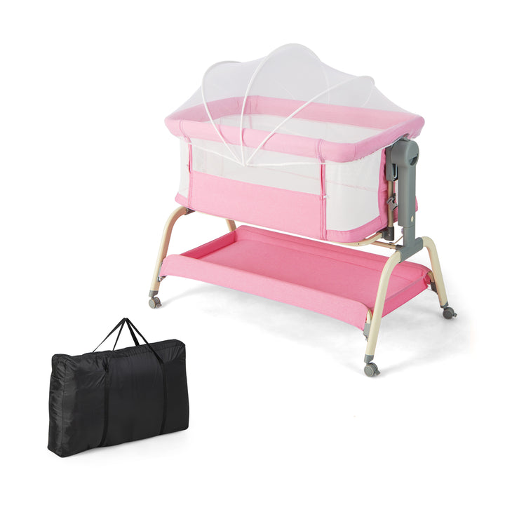 Baby Bassinet with Net with 6 Adjustable Heights-Pink