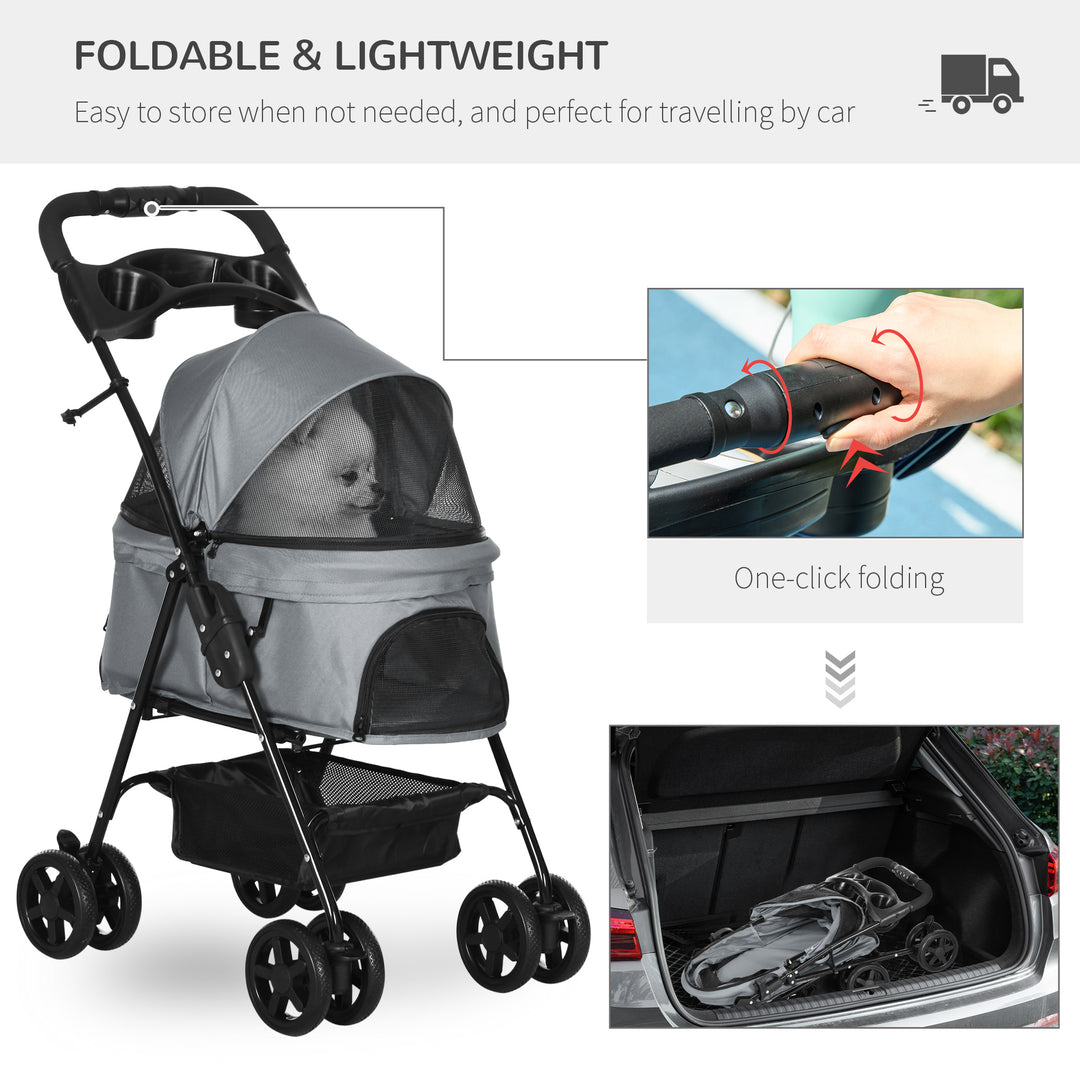 PawHut No-Zip Pet Stroller Dog Cat Travel Pushchair One-Click Fold Trolley Jogger with EVA Wheels Brake Basket Adjustable Canopy Safety Leash Grey