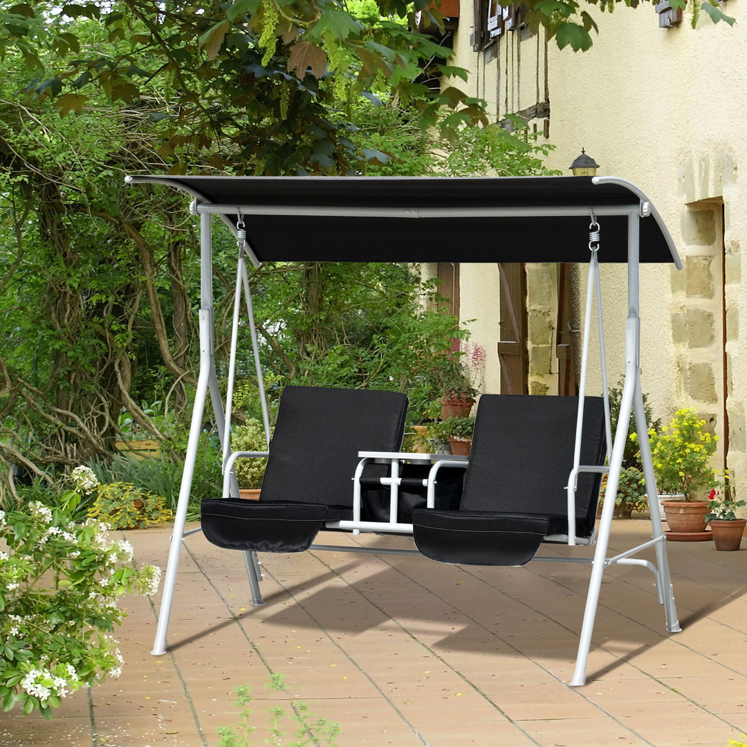 2 Seater Garden Swing Chair Patio Rocking Bench w/ Tilting Canopy, Double Padded Seats, Storage Bag and Tray, Black